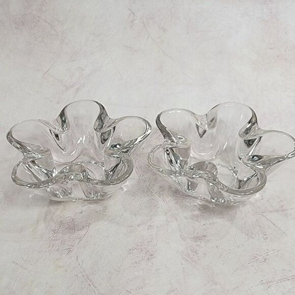 2 VTG Clear Tiffin Neodymium Flower 5 Lobe Heavy Art Glass Bowl Candle Holder - Picture 10 of 15